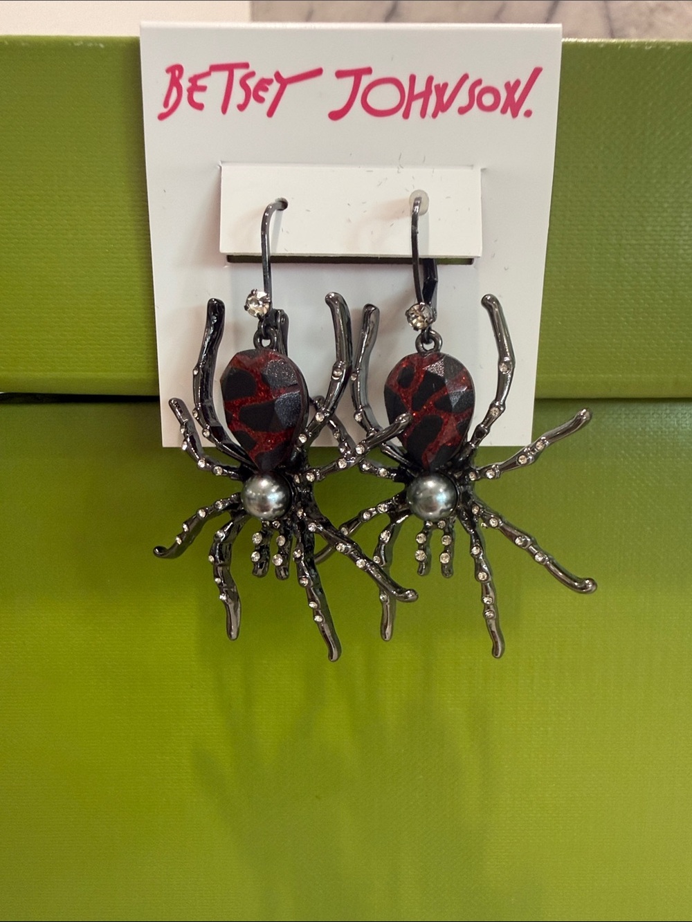 Betsey Johnson Black and Red Spider Drop Earrings NWT